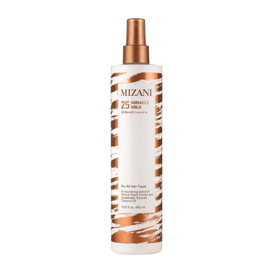 Mizani 25 Miracle Milk bottle with white and bronze design on a white background