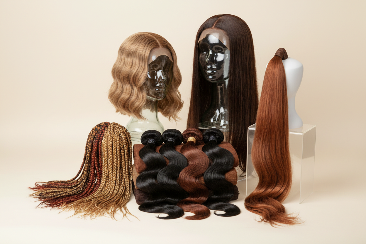 Wigs, weaves, braids, and hair accessories for styling and protection" "Combs, clips, wig caps, and mannequin heads for hair care and styling" "Natural-looking ponytails, braids, and high-quality human & synthetic hairpieces"