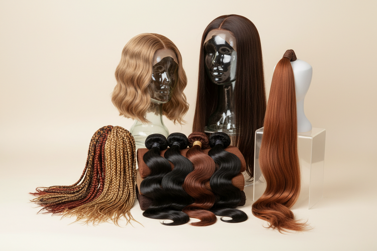 Wigs, weaves, braids, and hair accessories for styling and protection" "Combs, clips, wig caps, and mannequin heads for hair care and styling" "Natural-looking ponytails, braids, and high-quality human & synthetic hairpieces"