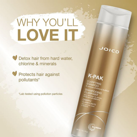 Joico K-Pak clarifying shampoo bottle with promotional text on a beige background