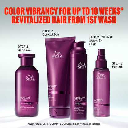 Wella hair care products with step-by-step instructions-Bottle of Ultimate Color Conditioner for colored hair
Conditioner being applied to wet hair in shower
Smooth, shiny colored hair after using Ultimate Color Conditioner
Close-up of conditioner texture on hand