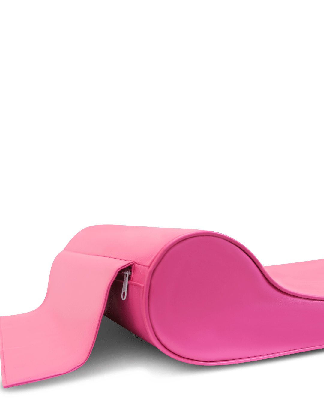 Pink yoga mat with rolled-up design on a white background