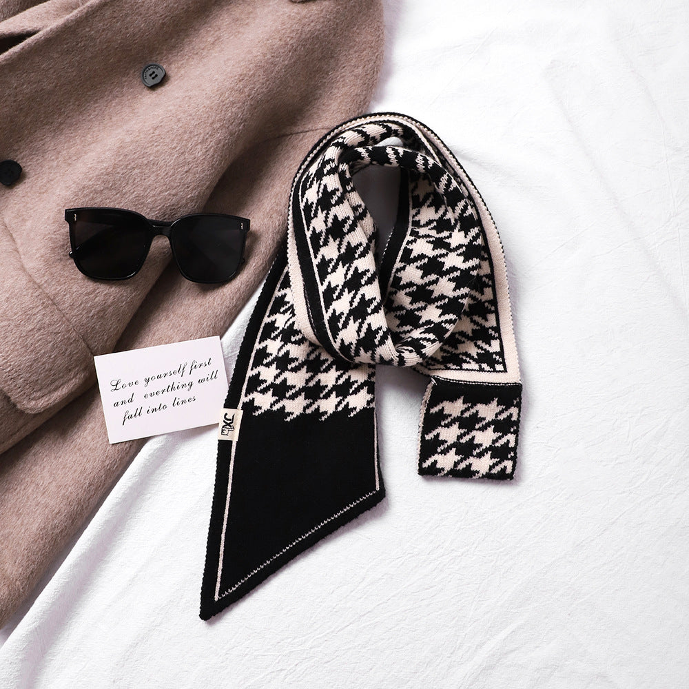 Houndstooth Knit Scarf – Lightweight Narrow Winter Layering Fashion Scarf.