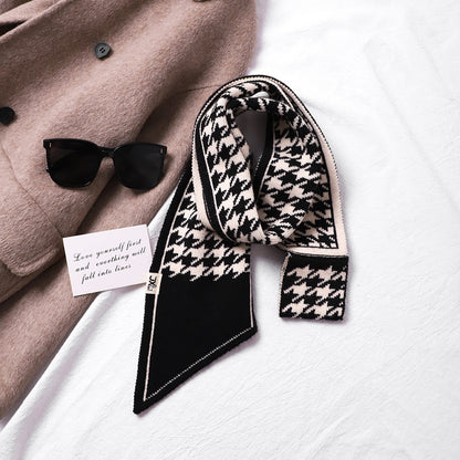Houndstooth Knit Scarf – Lightweight Narrow Winter Layering Fashion Scarf.