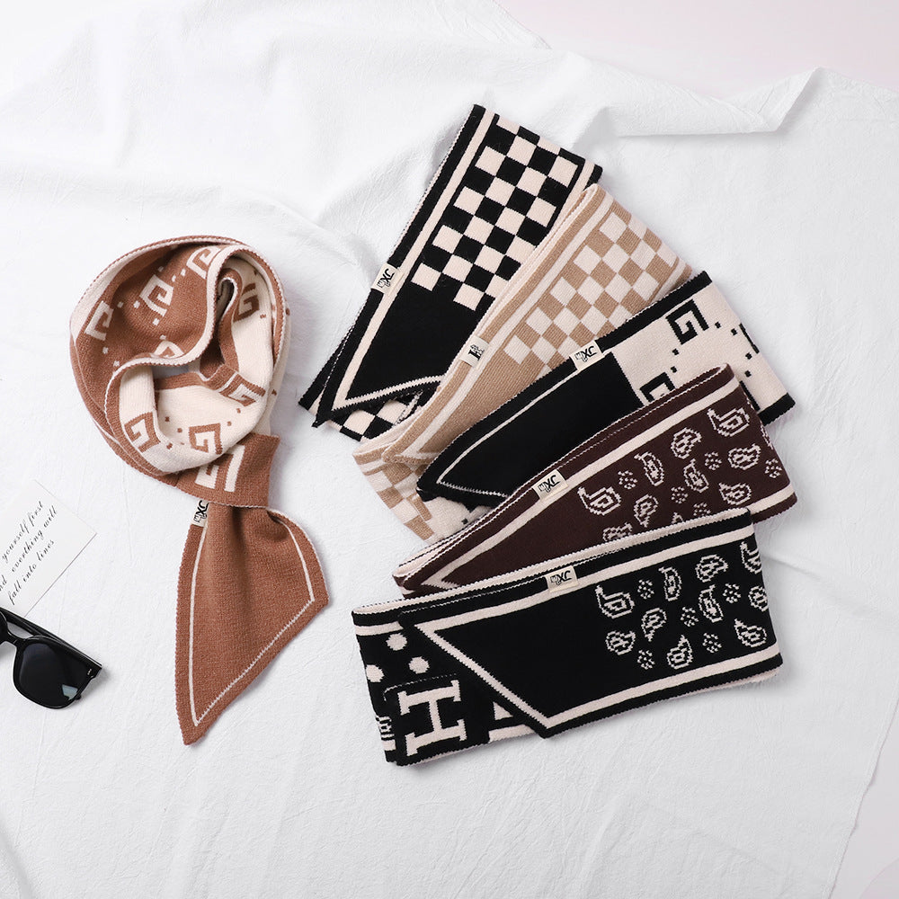 Houndstooth Knit Scarf – Lightweight Narrow Winter Layering Fashion Scarf.