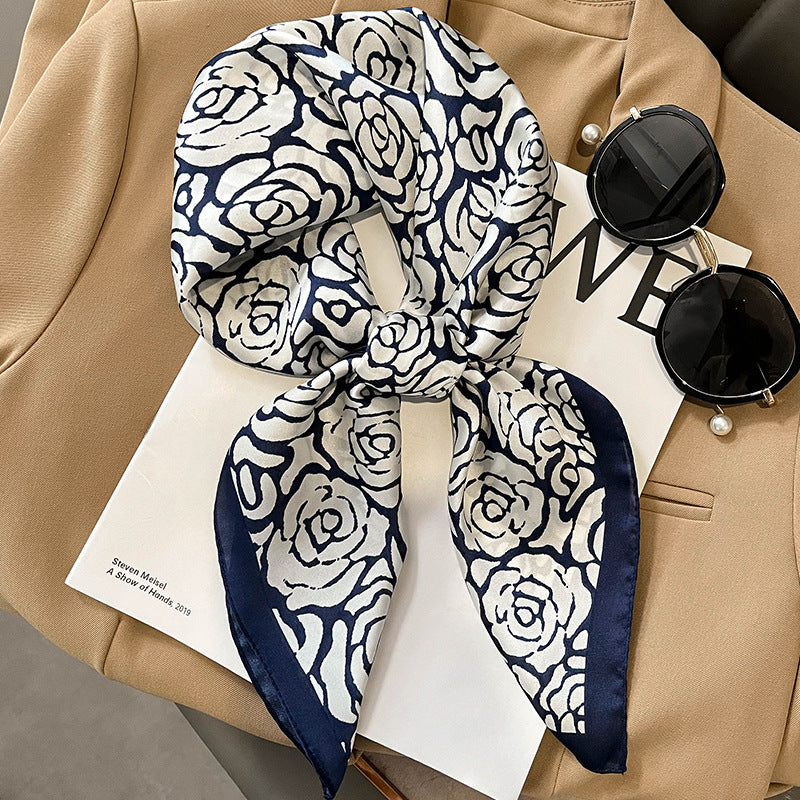 Silk-Feel Printed Square Scarf – Elegant 70x70cm Fashion Neck & Hair Accessory.