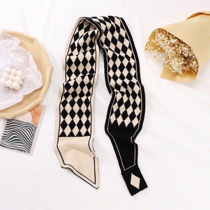 Houndstooth Knit Scarf – Lightweight Narrow Winter Layering Fashion Scarf.
