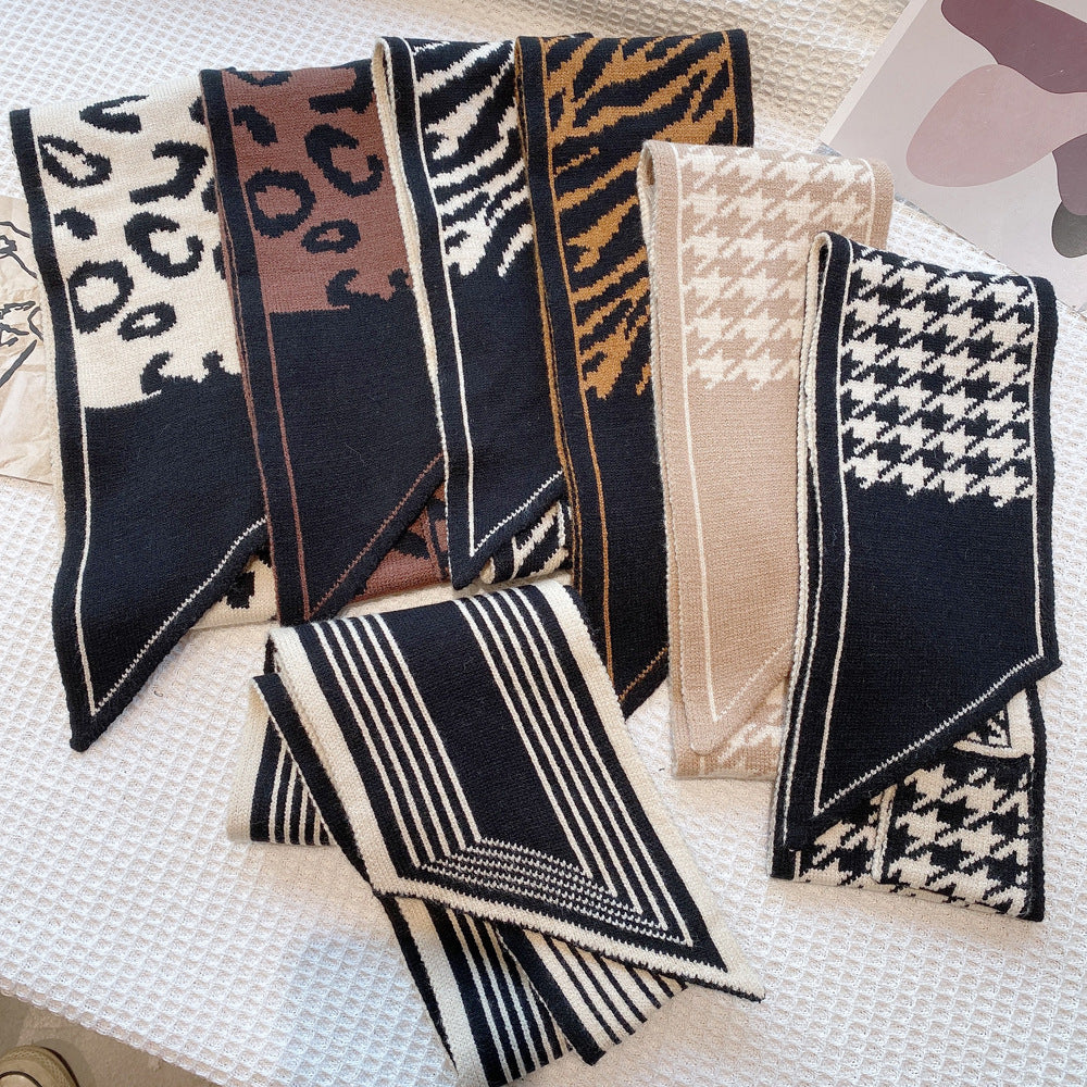Houndstooth Knit Scarf – Lightweight Narrow Winter Layering Fashion Scarf.