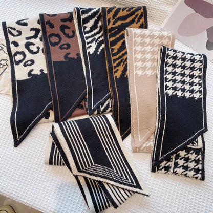 Houndstooth Knit Scarf – Lightweight Narrow Winter Layering Fashion Scarf.