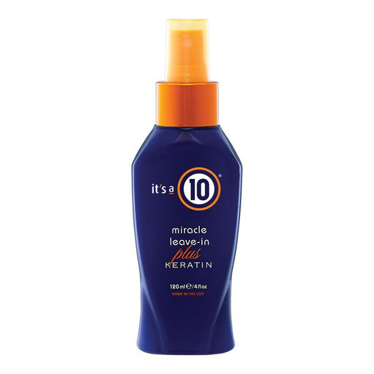 Blue bottle of 'it's a 10' miracle leave-in plus keratin product with orange cap on white background