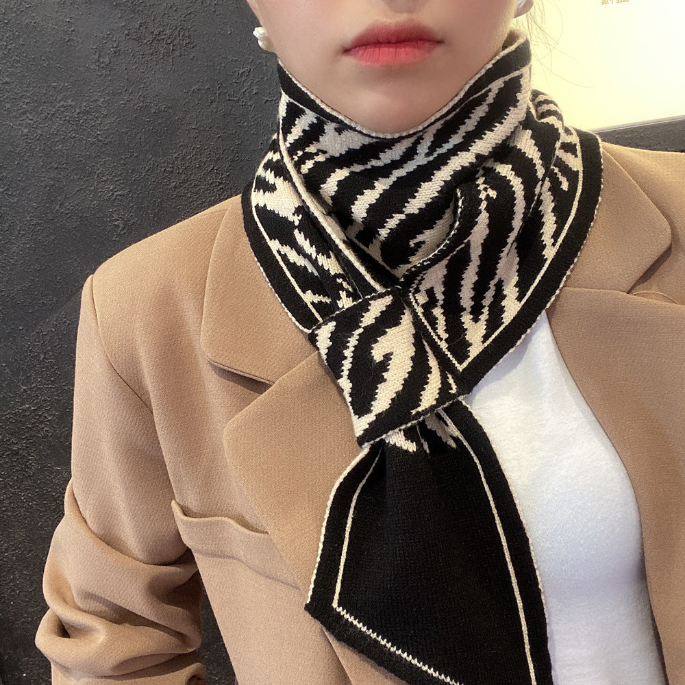 Houndstooth Knit Scarf – Lightweight Narrow Winter Layering Fashion Scarf.