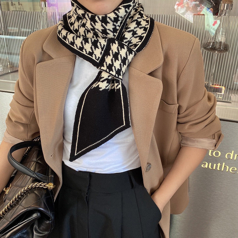 Houndstooth Knit Scarf – Lightweight Narrow Winter Layering Fashion Scarf.