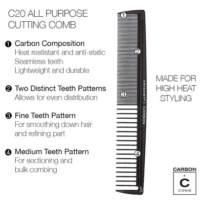 Carbon C20 cutting comb on white background
Carbon C20 comb for professional hair styling
Heat-resistant anti-static cutting comb
Carbon comb used for sectioning hair