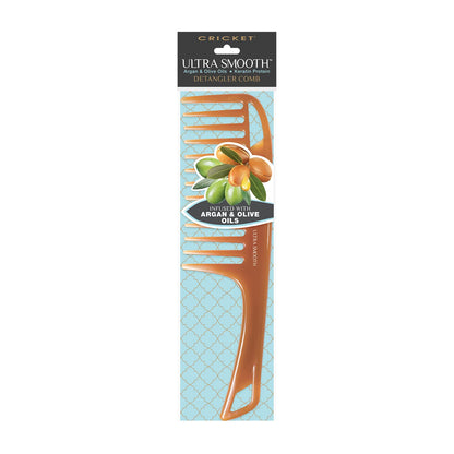 Detangler comb with packaging featuring avocado and olive oils on a white background