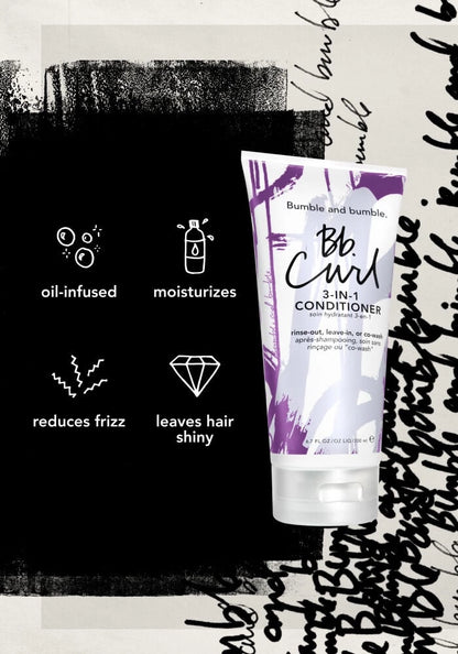 A tube of Bumble and Bumble Bb Curl 3-in-1 Conditioner is displayed on a stylized black and white graphic background with feature icons and text highlighting oil-infused, moisturizing, frizz-reducing, and shiny benefits.