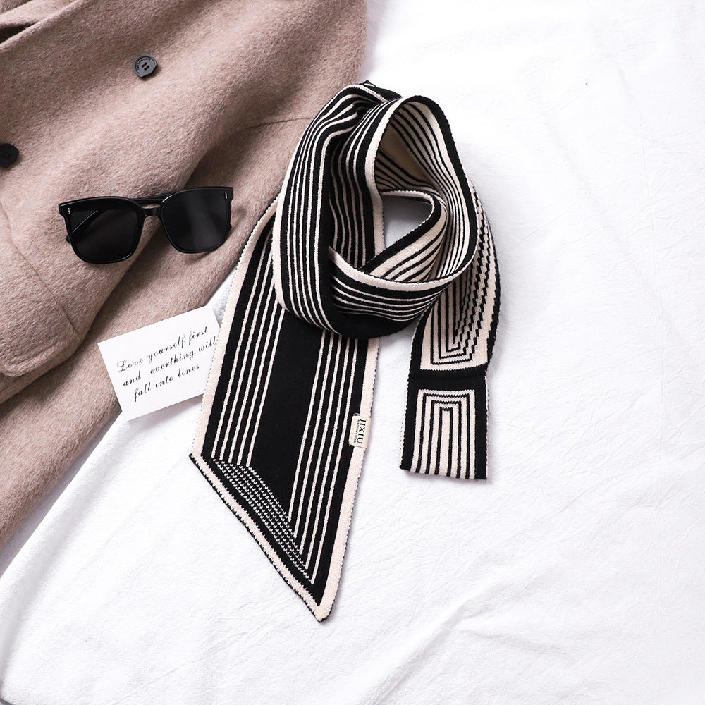 Houndstooth Knit Scarf – Lightweight Narrow Winter Layering Fashion Scarf.