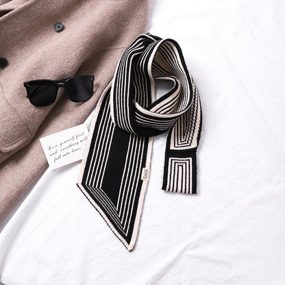 Houndstooth Knit Scarf – Lightweight Narrow Winter Layering Fashion Scarf.