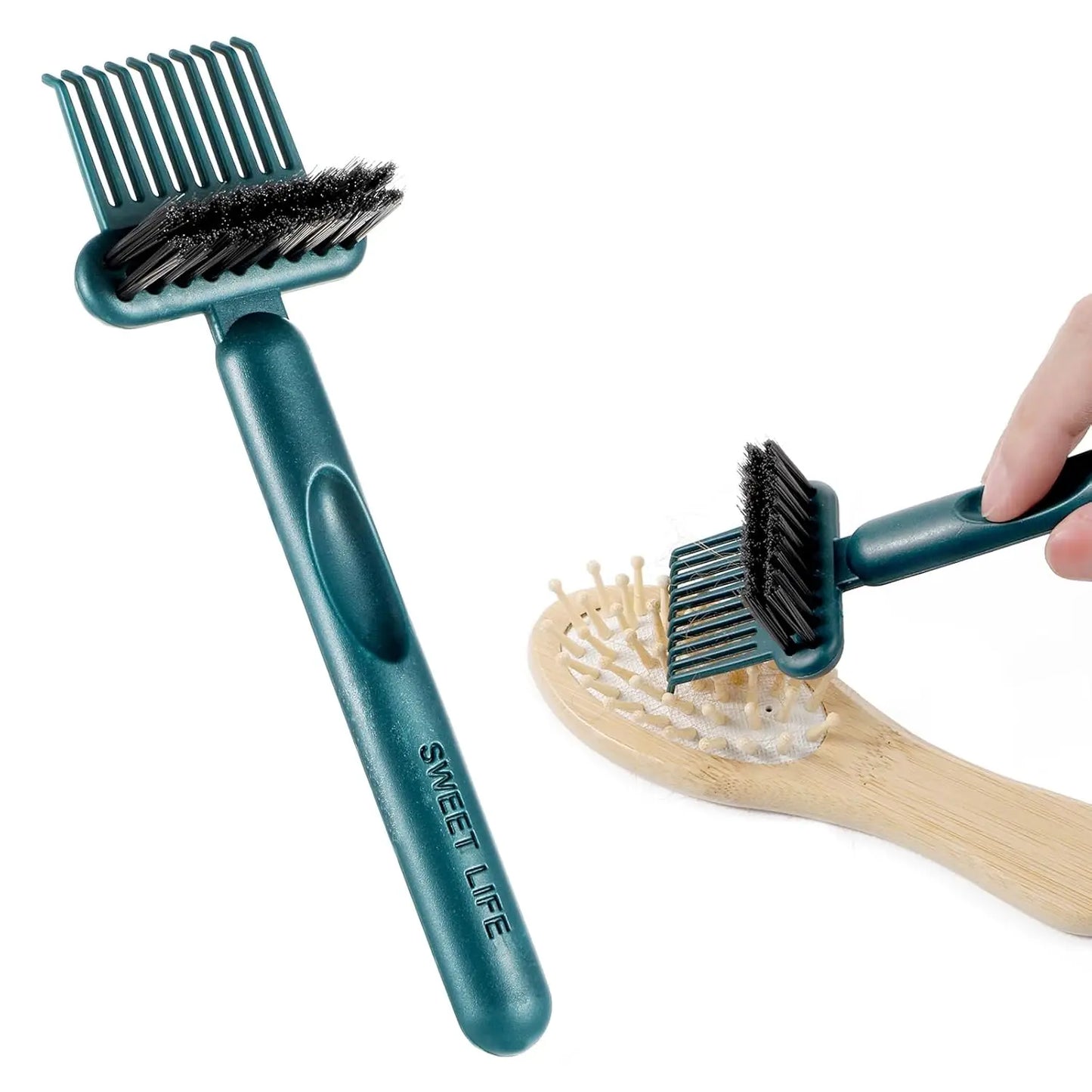 Comb cleaning brush with non-slip handle and easy carrying feature, showing hair removal on a blue background.