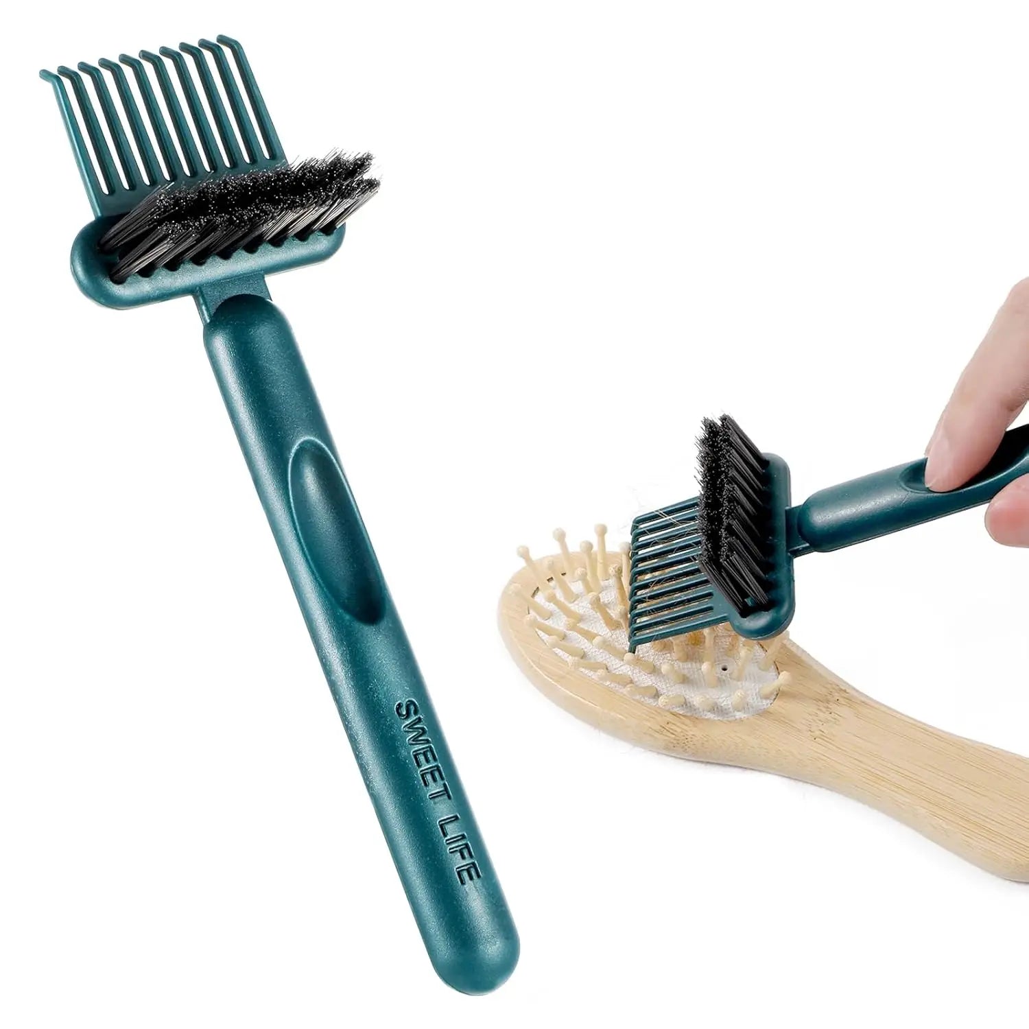 Comb cleaning brush with non-slip handle and easy carrying feature, showing hair removal on a blue background.