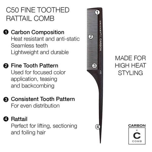 Cricket Carbon Comb C-50 Fine Tooth Rat Tail Comb – Professional Precision Sectioning & Styling Tool