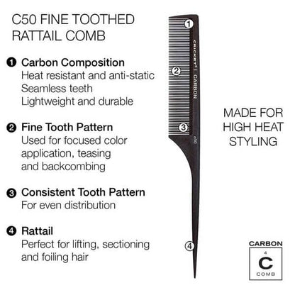 Cricket Carbon Comb C-50 Fine Tooth Rat Tail Comb – Professional Precision Sectioning & Styling Tool