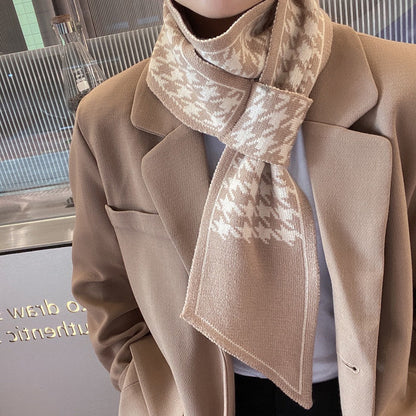 Houndstooth Knit Scarf – Lightweight Narrow Winter Layering Fashion Scarf.